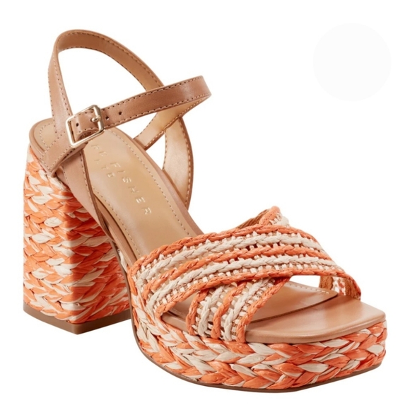 Marc Fisher Platform Sandals 9 Orange Tan Woven Juliey Chunky Heels New $150